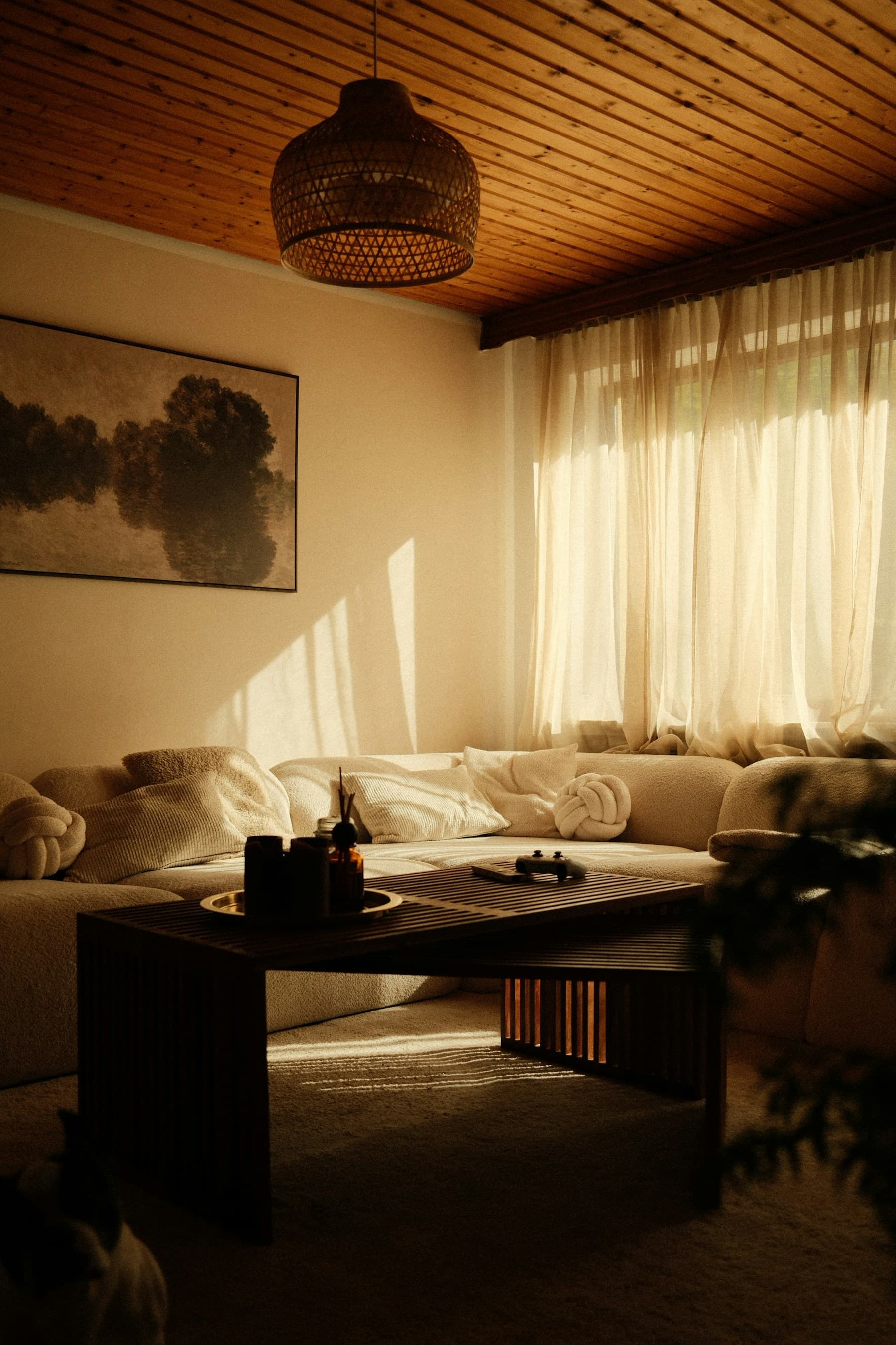 Sunlit living room with windows, upholstered seating, and houseplants